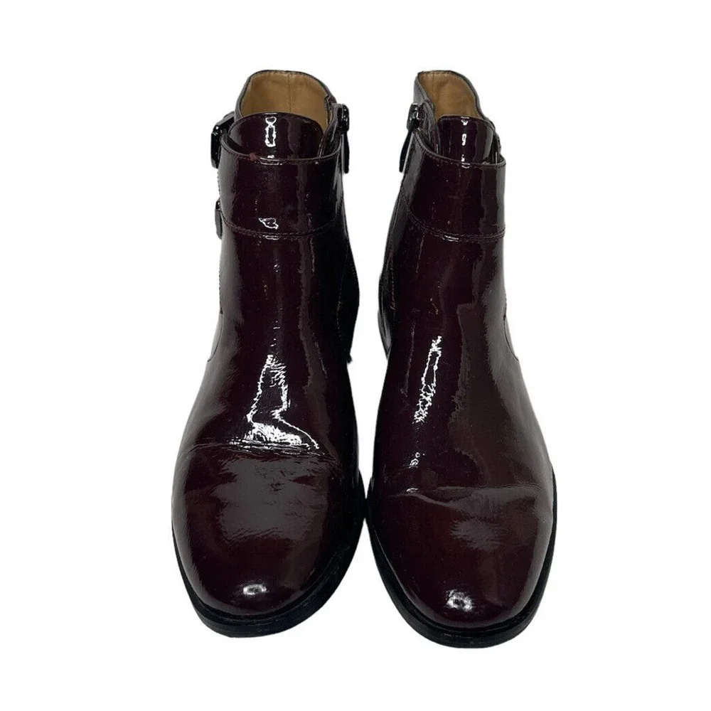 Franco Sarto Riddick Booties Burgundy Plum Patent Leather Side Zip Buckles 8.5 - Picture 9 of 11